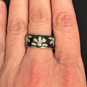 Stella & Dot Black Enamel and Cubic Zirconia 925 Silver Floral Ring